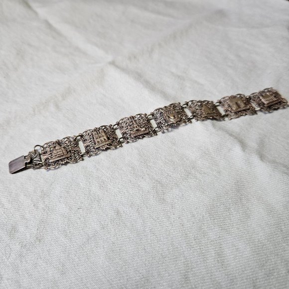 Vintage Paris France Silver Plated Filigree Panel Link Souvenir Bracelet 40s 50s - Picture 2 of 7